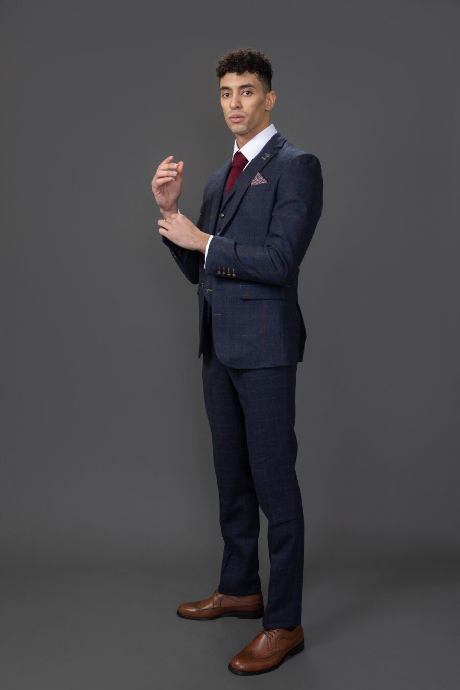 Men's Tweed Windowpane Tailored Fit Navy Suit - RYAN - Navy Blue