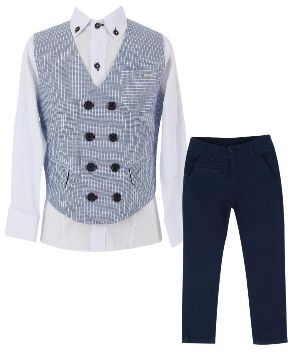 Boys Cotton Linen Pinstrip Waistcoat Suit Set - Navy Blue