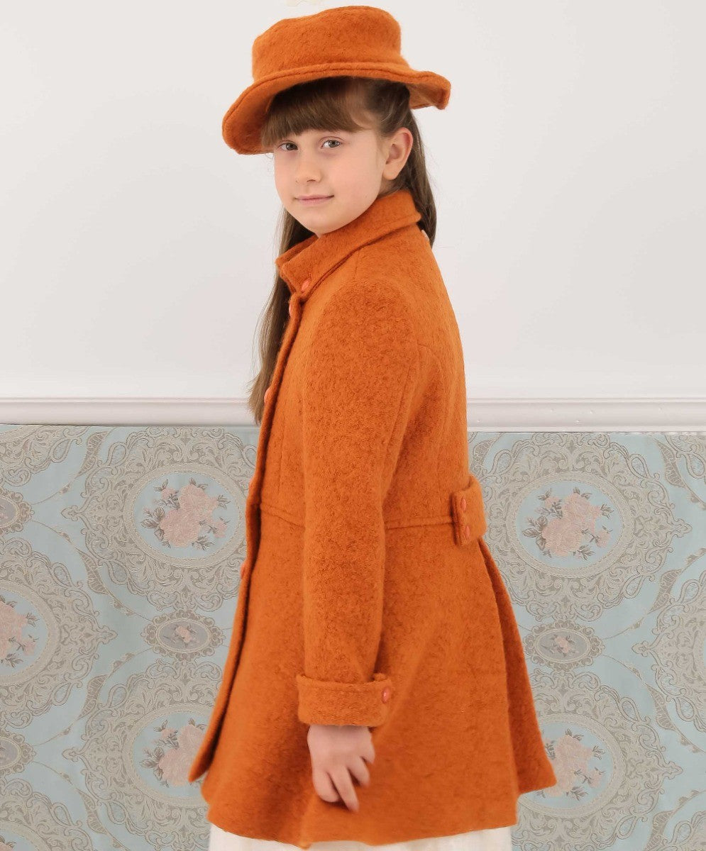 Girls Wool Double-Breasted OverCoat Set - ELIZABETH - Brick Orange