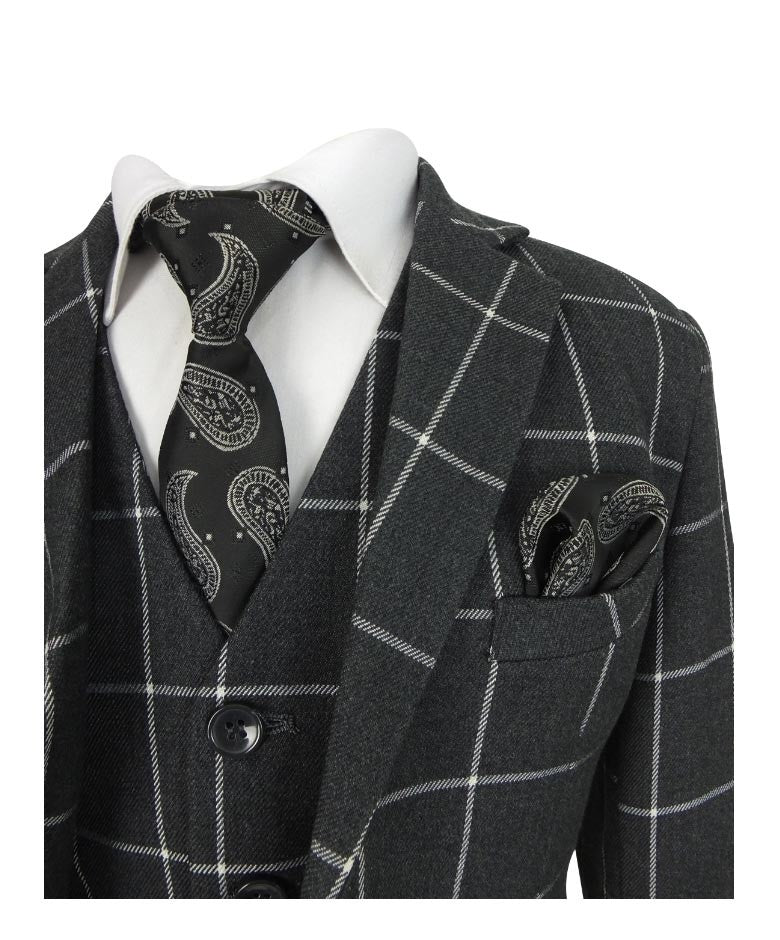 Boys Windowpane Check Suit Set - Charcoal Grey