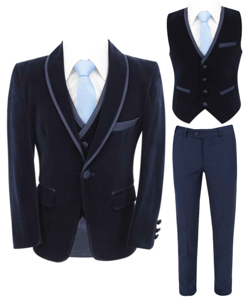 Boys Slim Fit Piping Velvet Tuxedo Suit - LONDON - Navy Blue