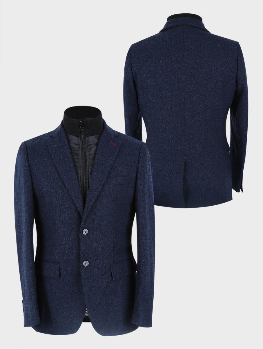 Men's Herringbone Navy Coat with Removable Zipper - Navy Blue