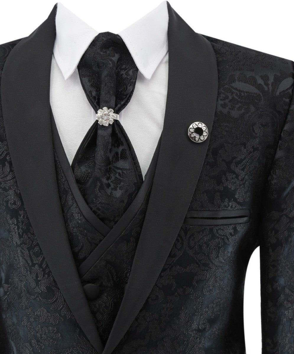 Boys Satin Lapel Paisley Floral Tuxedo Suit Set - Black