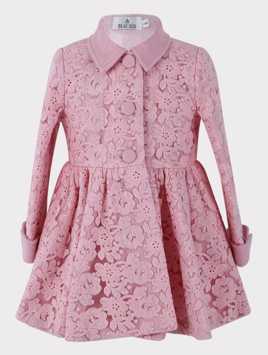 Girls Coat Floral Embroidered Lace 2 Piece Set - Pink