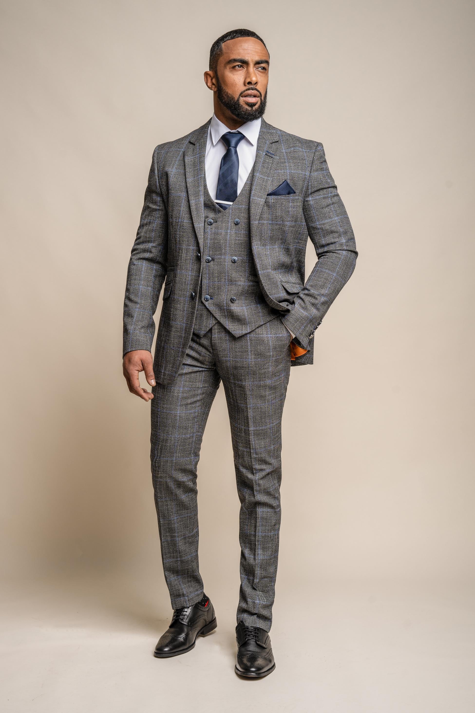 Men's Tweed Retro Check Grey Suit Jacket - POWER - Grey