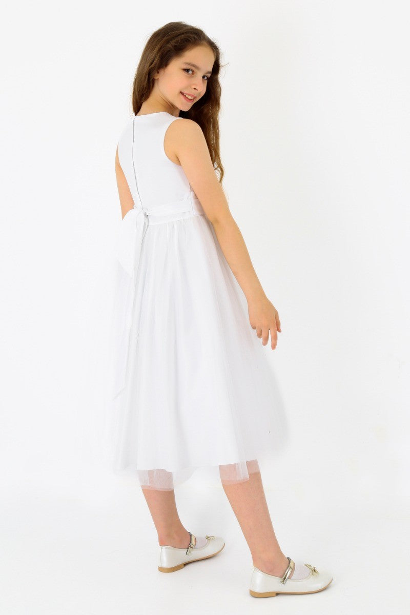 Flower Girls Sleeveless Tulle Communion Dress - White