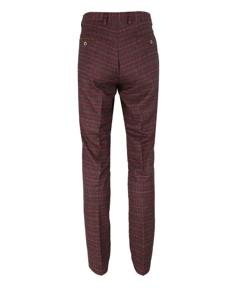 Men's Slim Fit Check Tweed Trousers - CARLY Wine - Wine