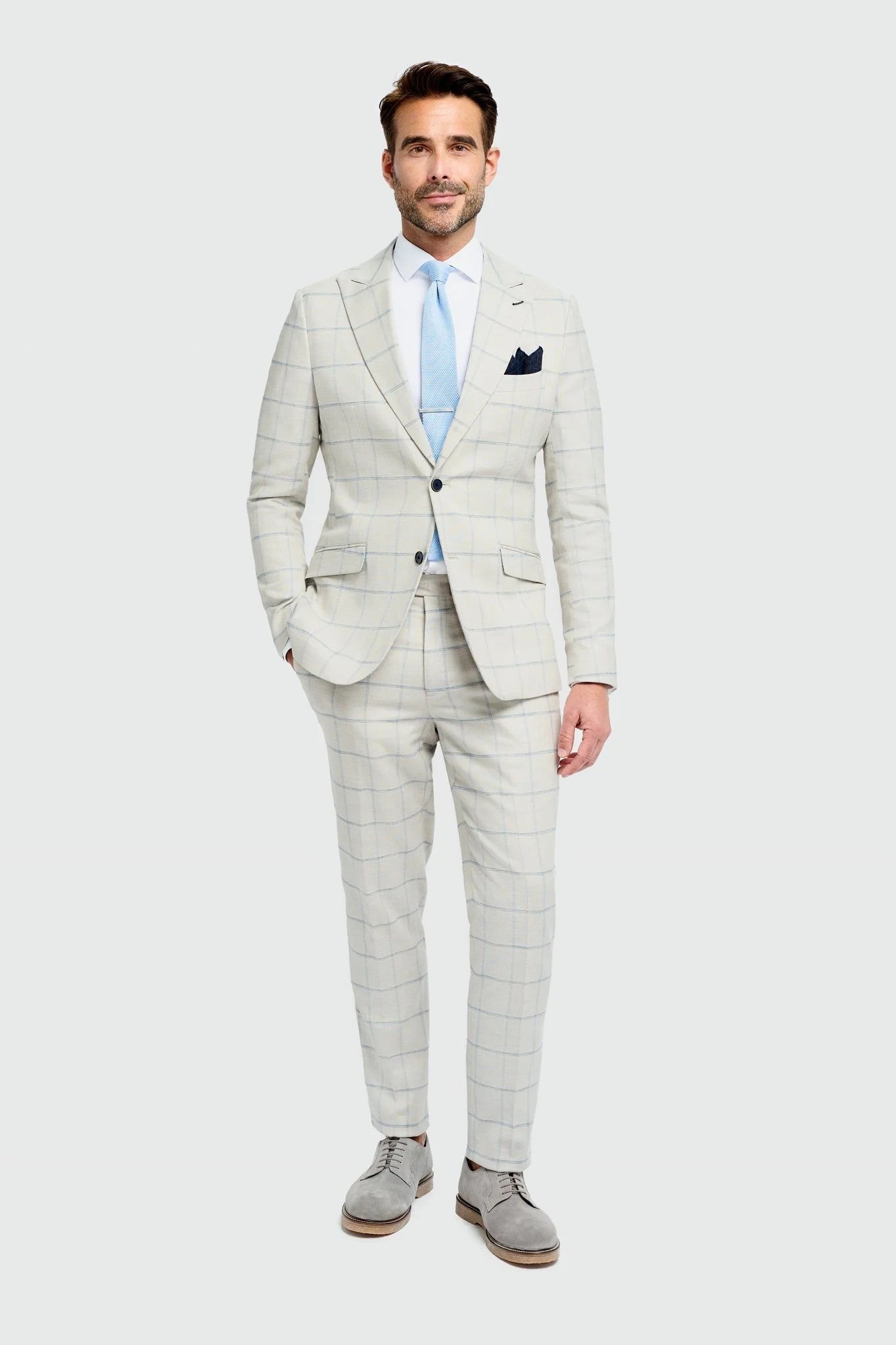 Men’s Light Grey Windowpane Check Suit Jacket - Gabriel - Light Grey