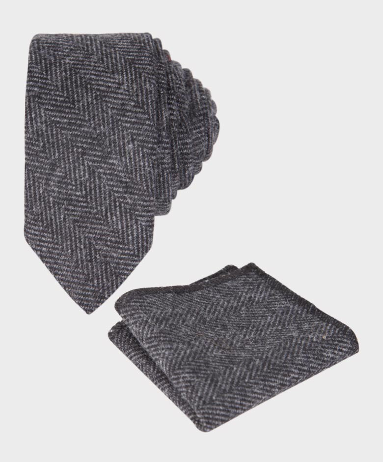 Boys Herringbone Tweed Tie and Hanky Set - Charcoal Grey