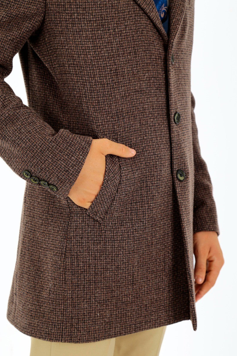 Boys Wool Tweed Patterned Midi Coat - Light Brown