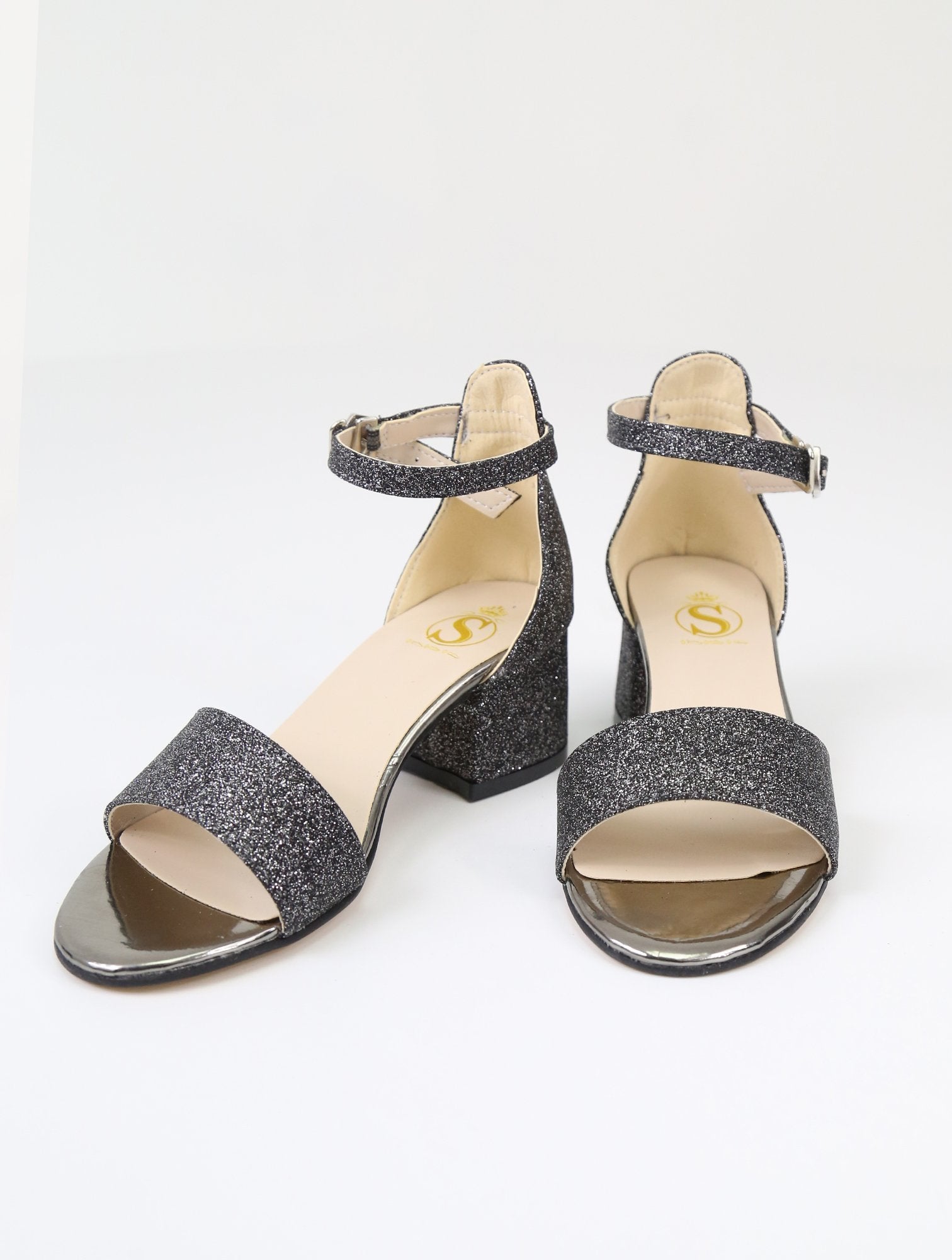 Girls Ankle-Strap Block Heel Sandals - SPARKLE - Dark Silver