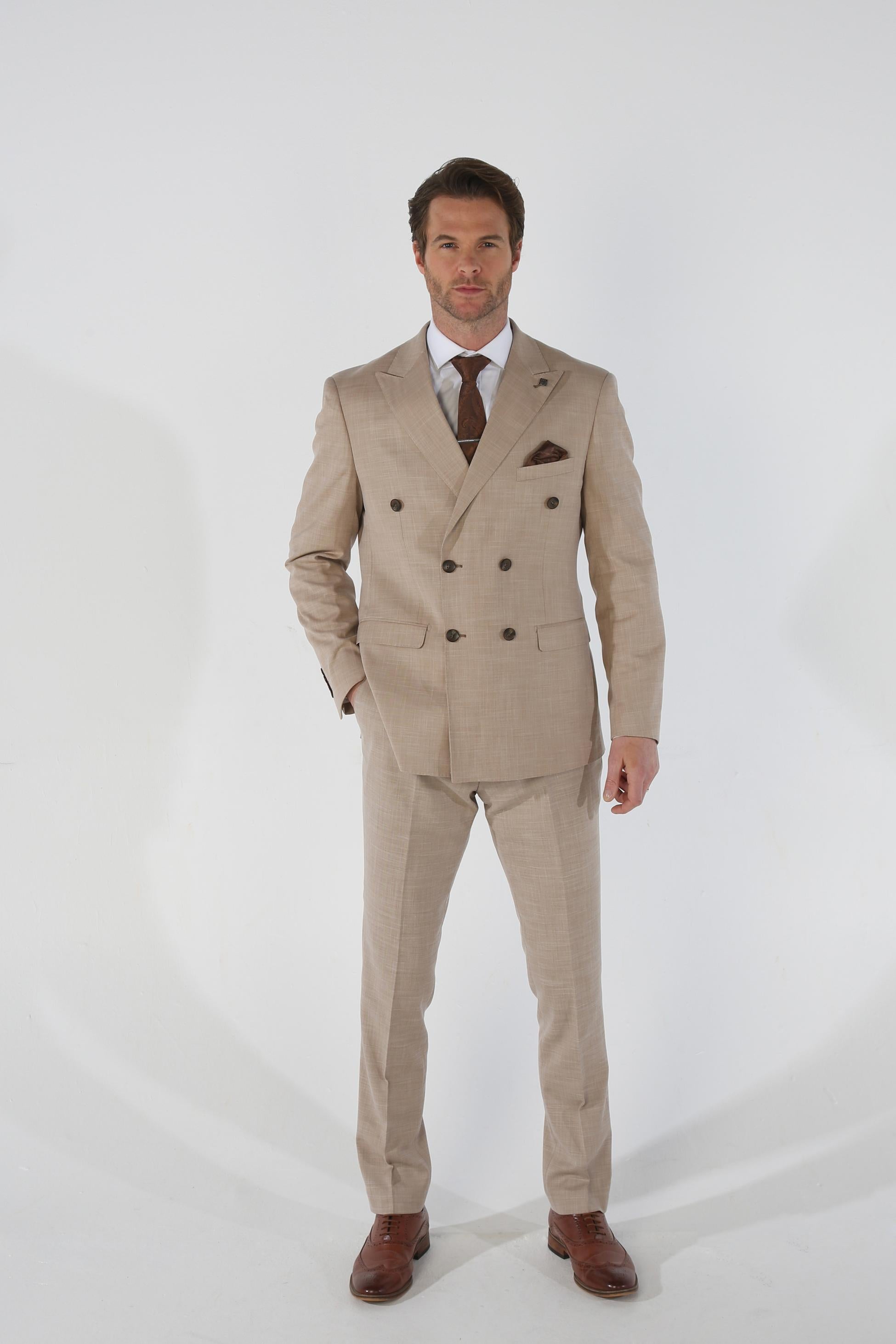 Men's Tailored Fit Plaid Suit Trousers - KURT - Beige