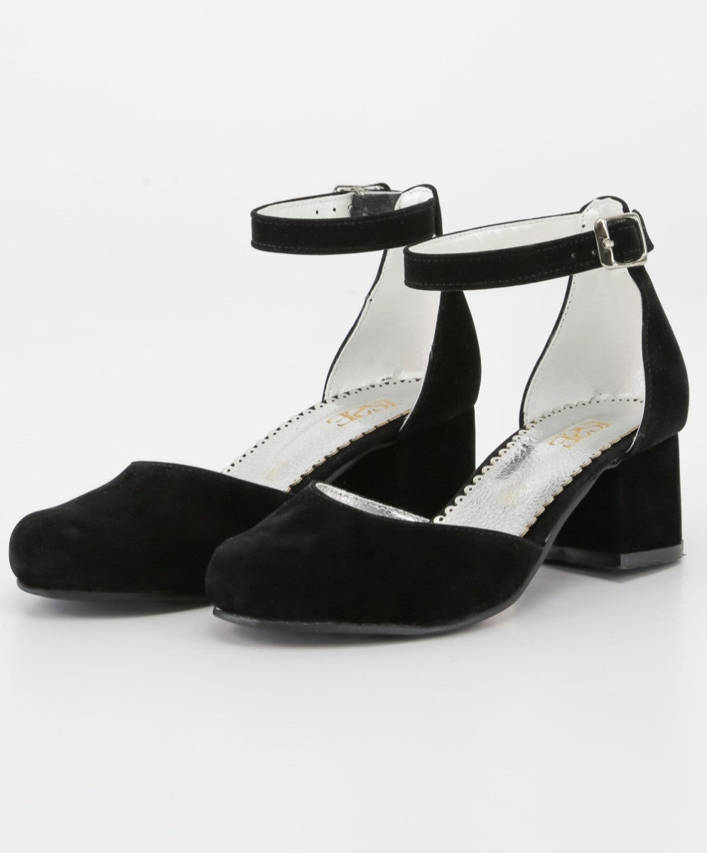 Girls Mary Jane Block Heel Shoes - Black