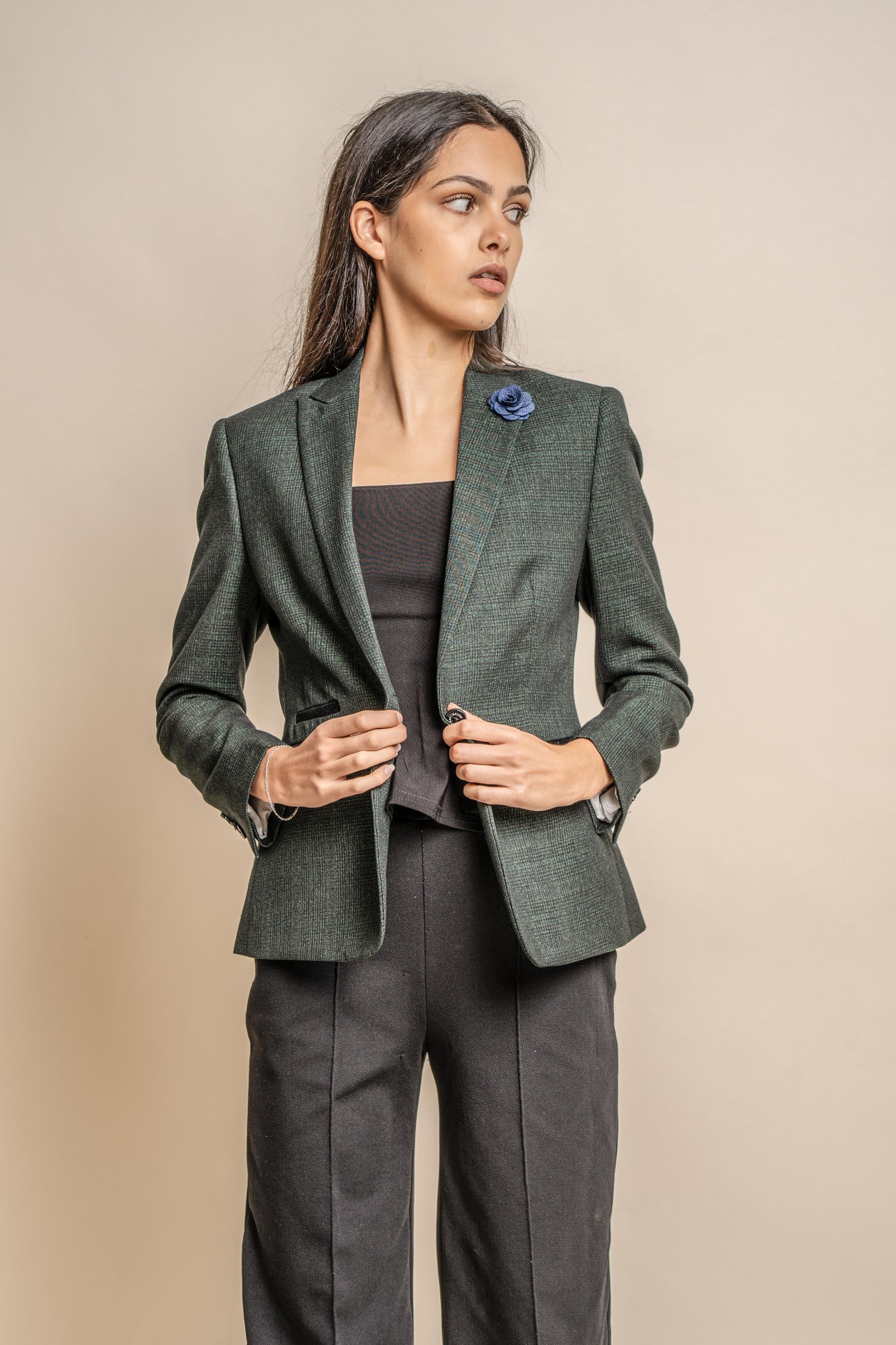 Women's Slim Fit Houndstooth Check Blazer - CARIDI - Navy Blue