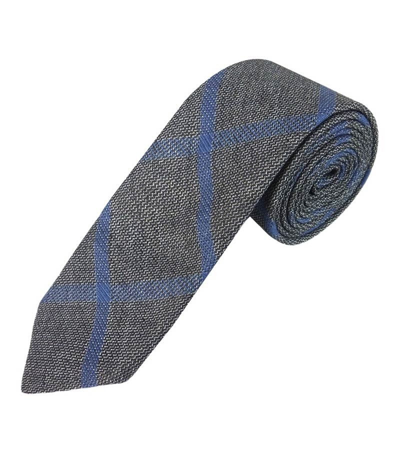 Boys Slim Check Tweed Tie and Hanky Set - Grey - Blue