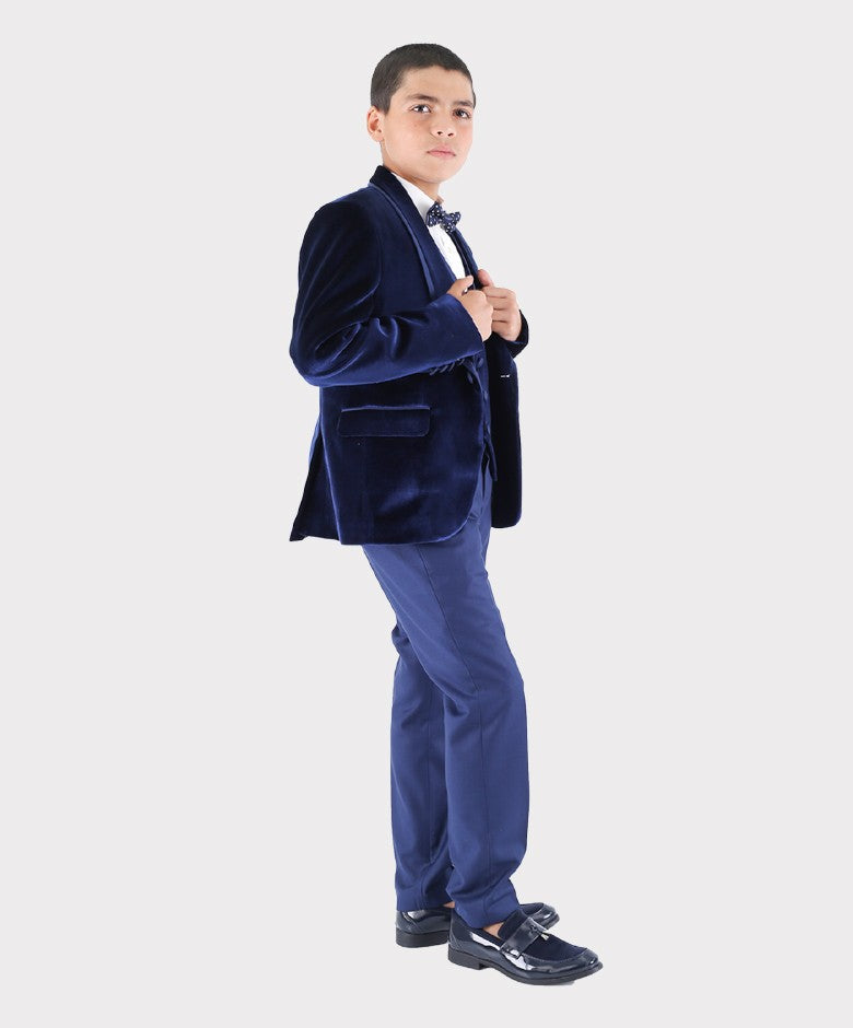 Boys Sheen Lapel Velvet Tuxedo Suit - Navy Blue