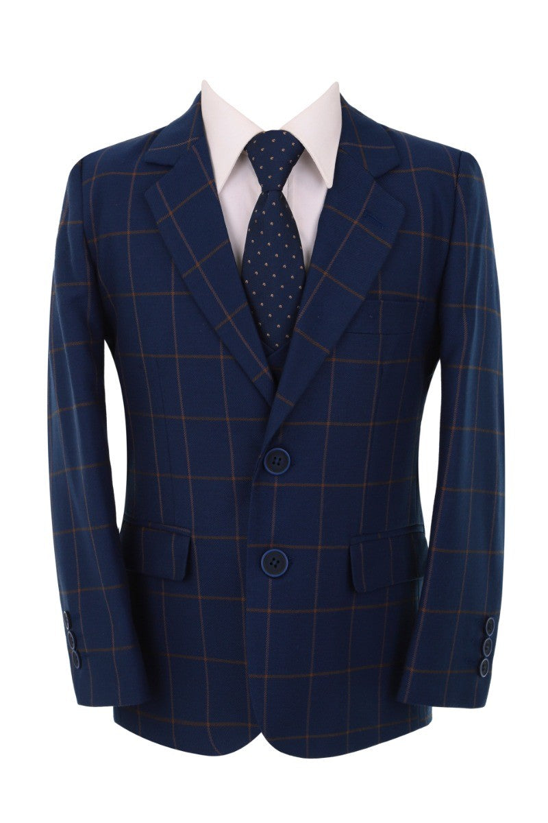 Boys Windowpane Check Navy Blue Suit Set - Navy Blue