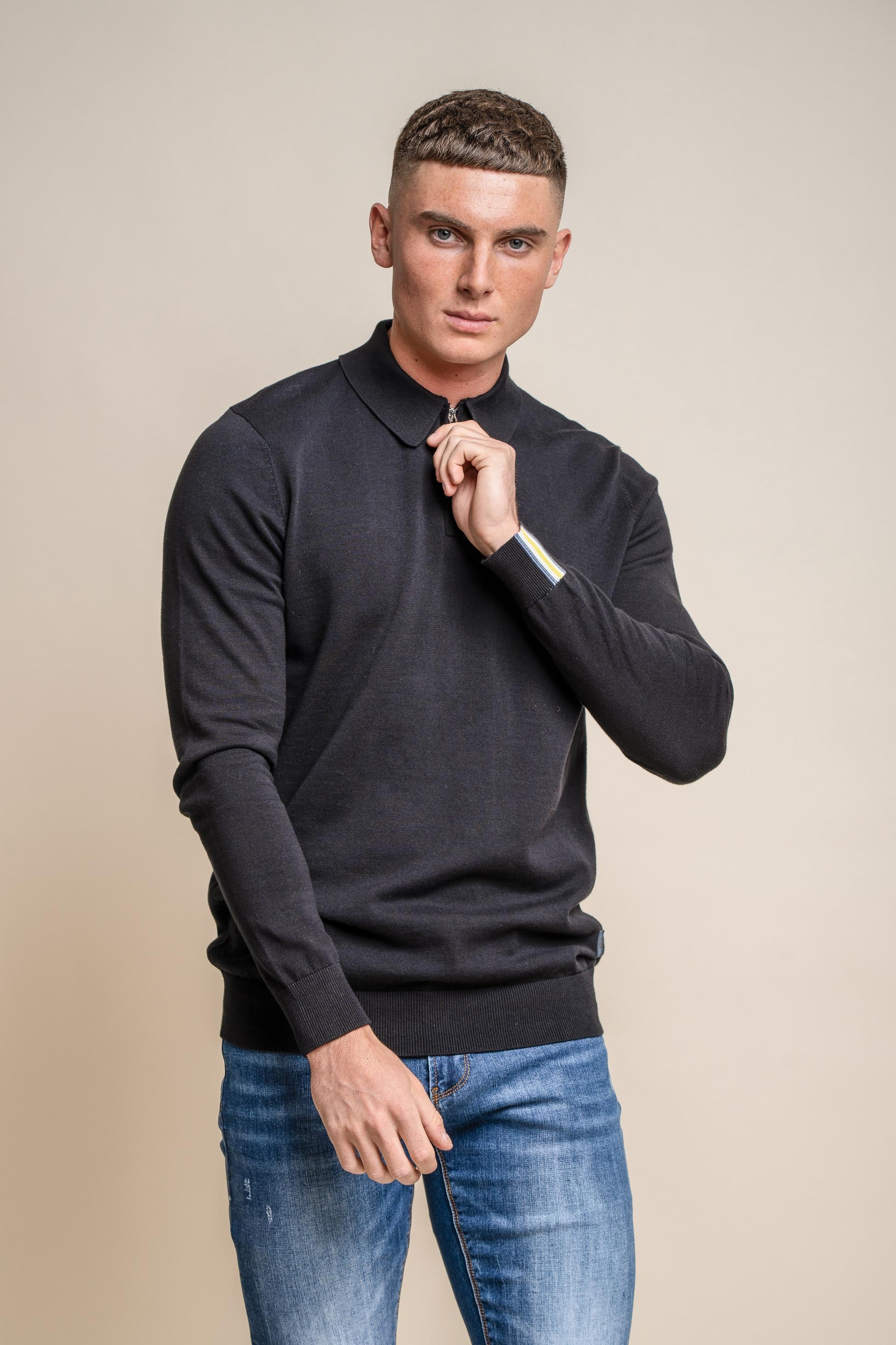 Men's Cotton Mock Neck Quarter Zip Jumper - Falcao - Black