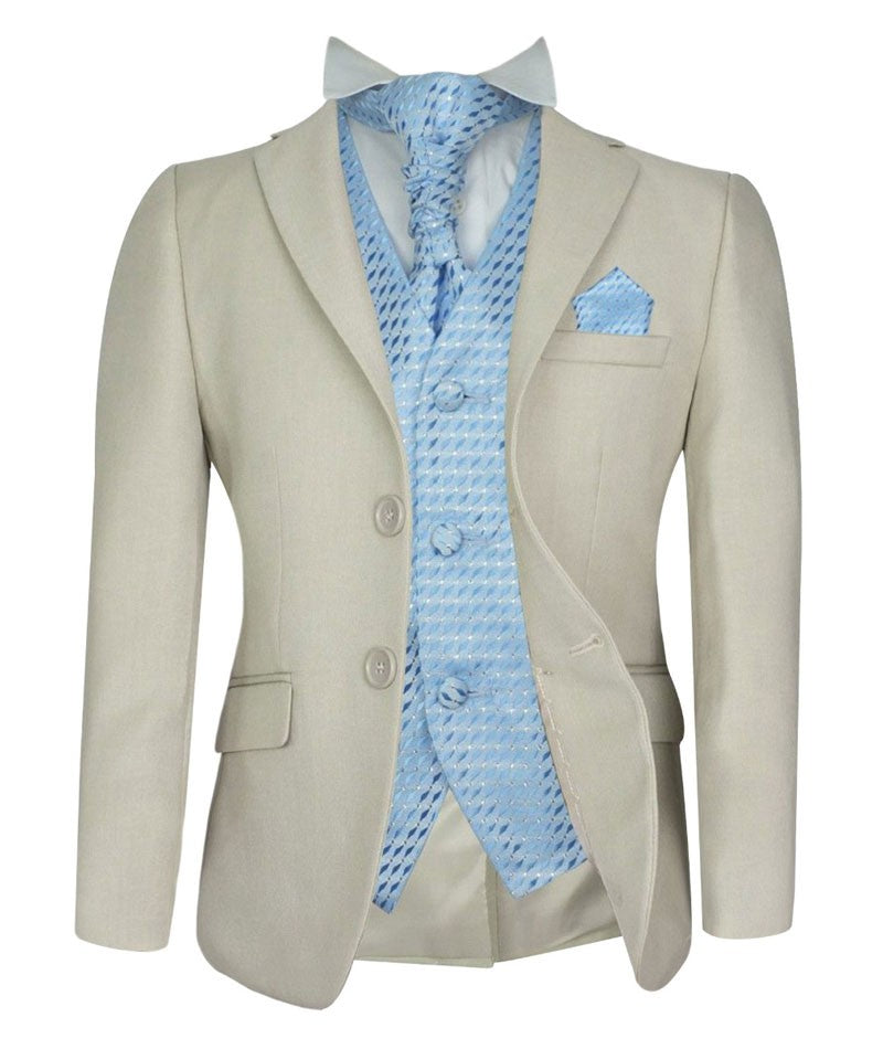 Boys Beige Suit with Patterned Waistcoat and Cravat Set - Beige - Sky Blue