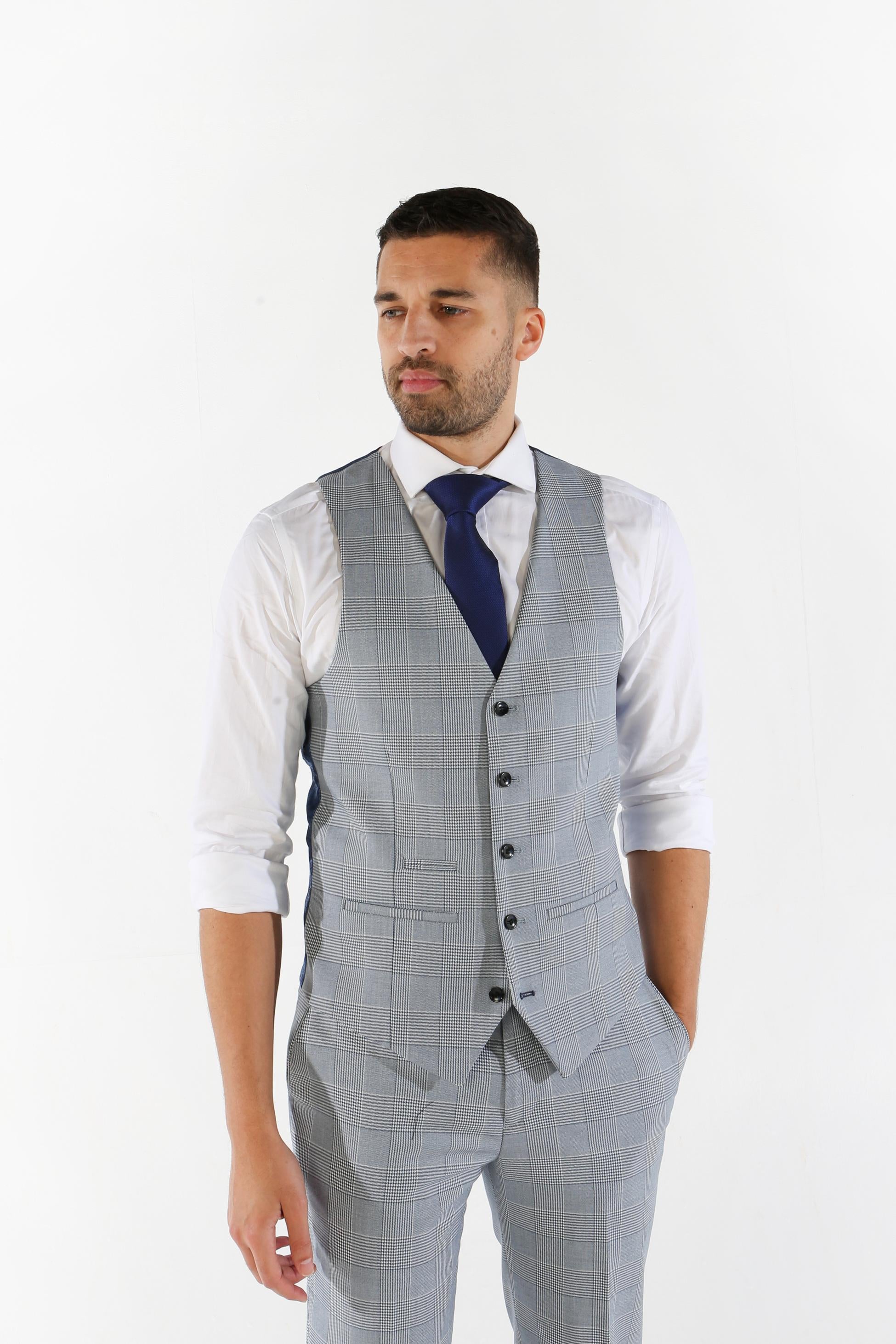 Men's Houndstooth Check Sky Blue Waistcoat - MARK - Blue