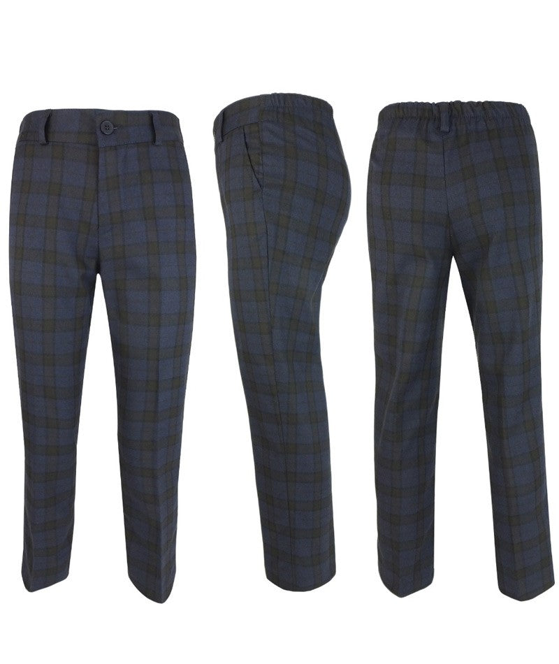 Boys Tailored Fit Retro Check Navy Suit - Navy Blue - Brown