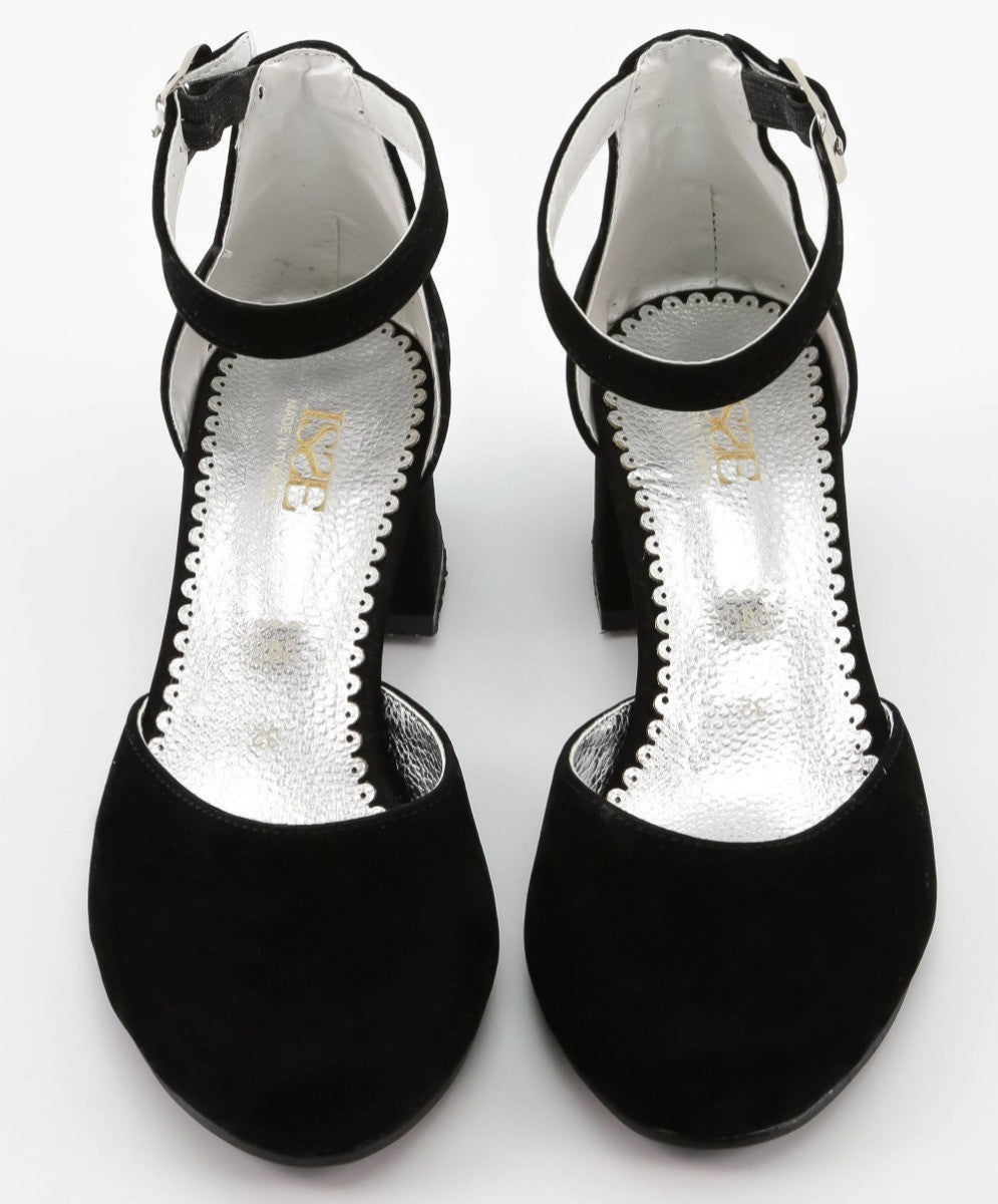 Girls Mary Jane Block Heel Shoes - Black