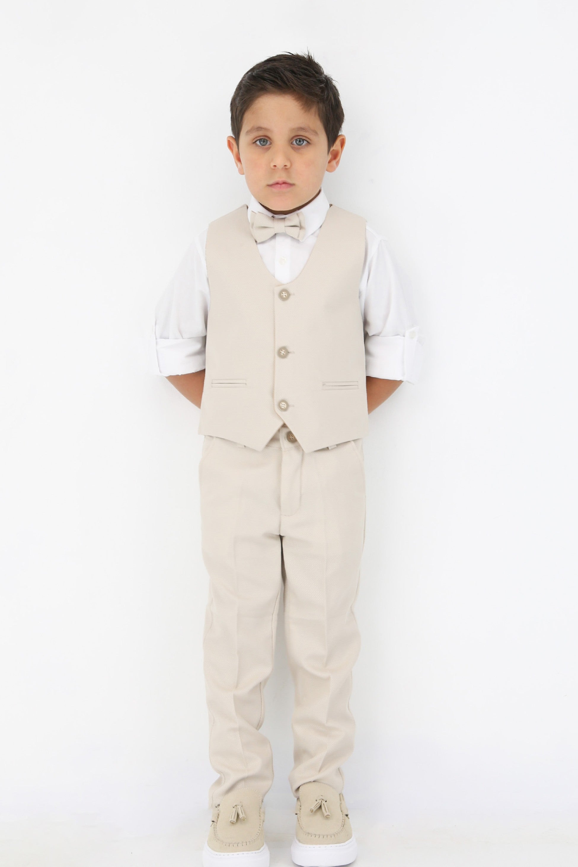 Boys' Slim Fit Textured Waistcoat Suit Set, Formal Outfit - Beige