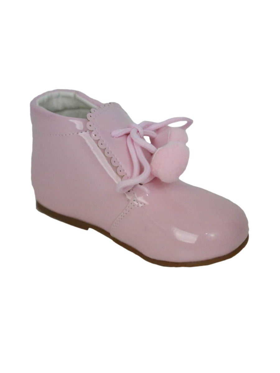 Baby Girls Pom Pom Patent Booties - Pink