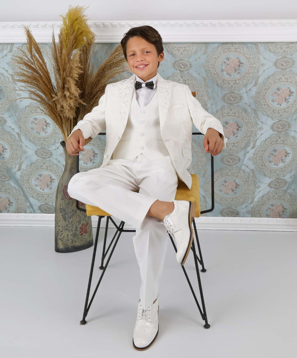 Boys Communion Patterned Slim Fit Suit - CHRISTOPHORUS - Ivory