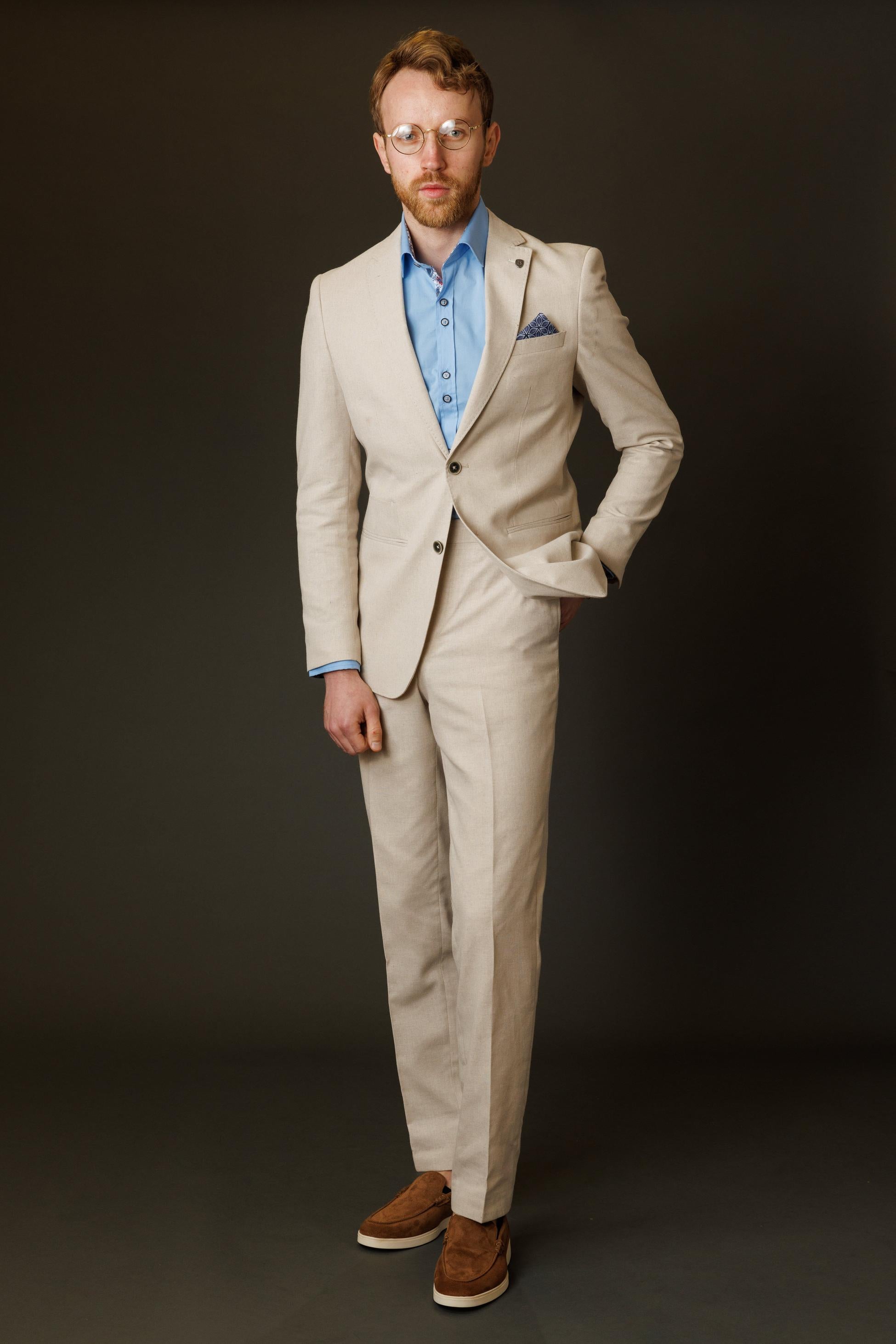 Men's Cotton Blend Self Patterned Suit - GIOVANNI Cream - Cream