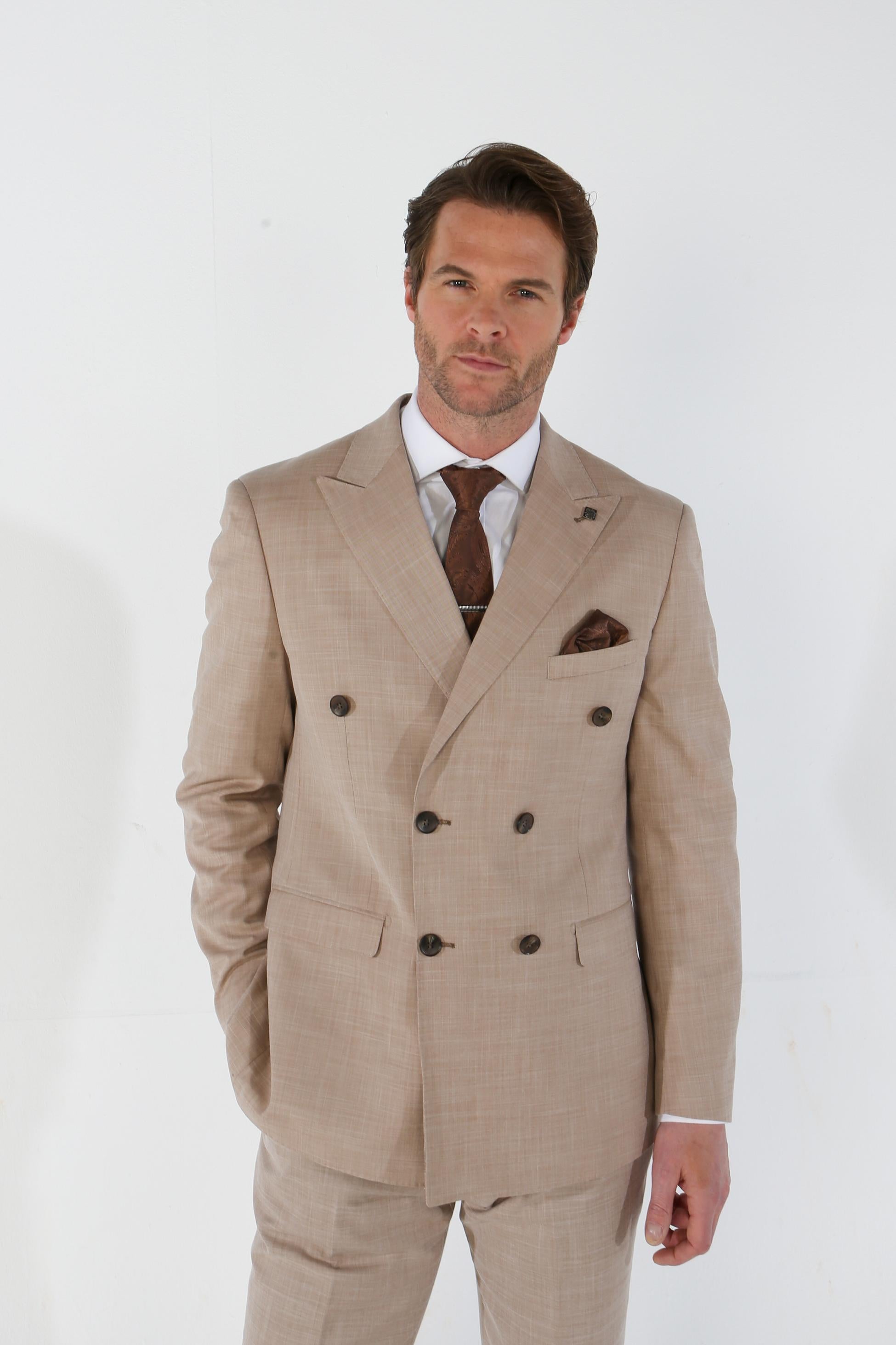 Men's Plaid Double-Breasted Suit - KURT - Beige