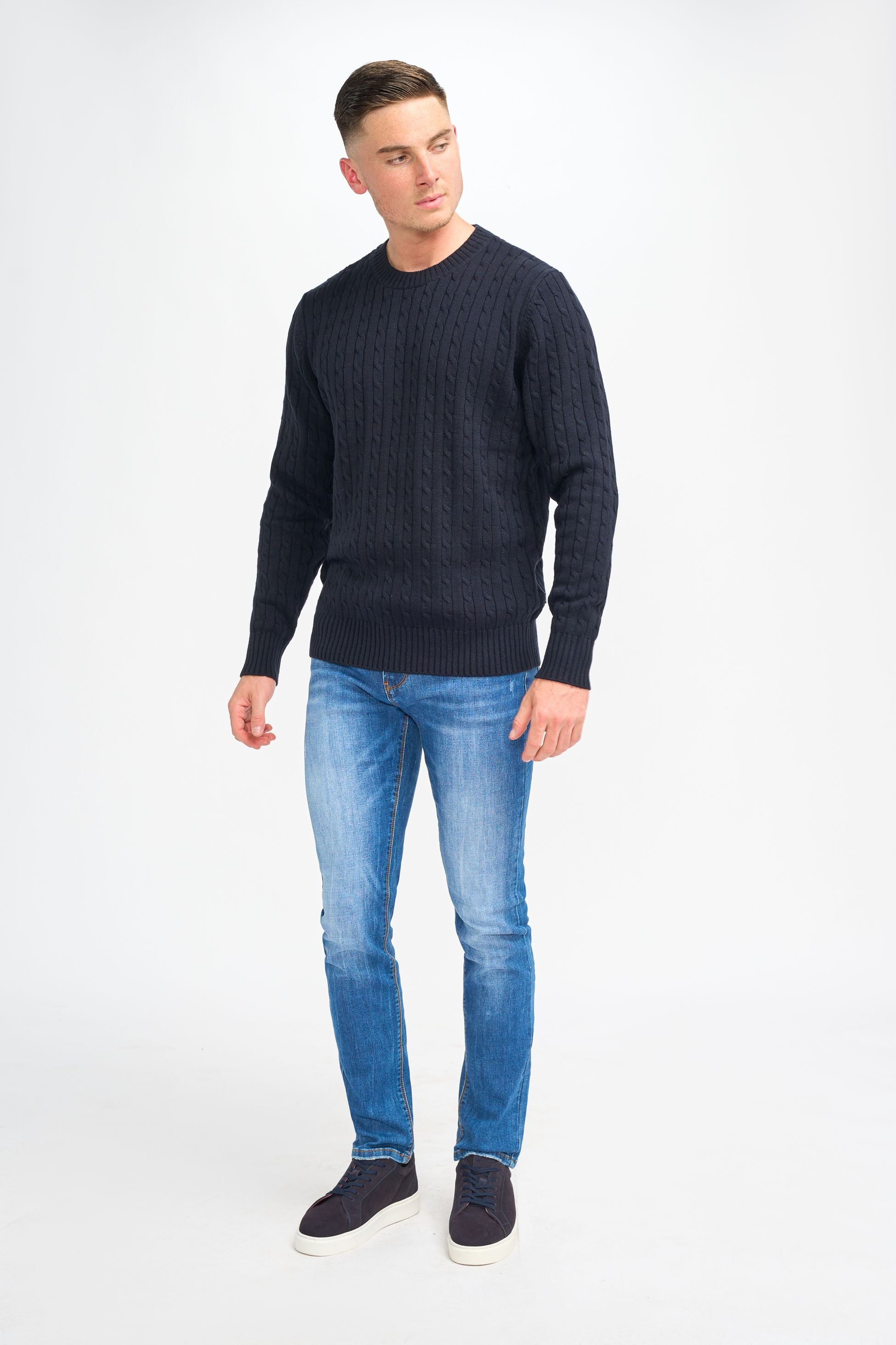 Men’s Wool Cable Knit Pullover Jumper - Foston - Navy