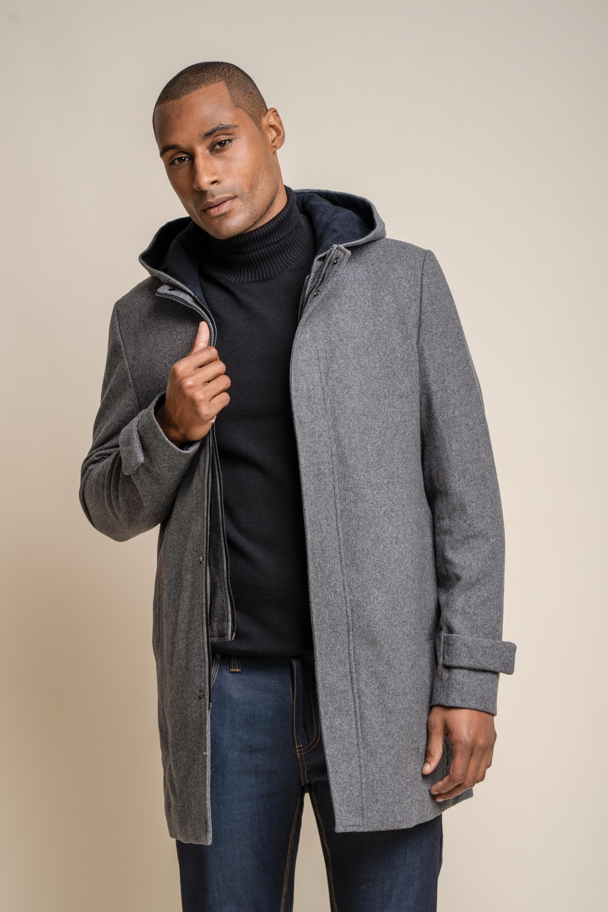 Men's Wool Blend Hooded Coat - MICHIGAN - Stale Grey