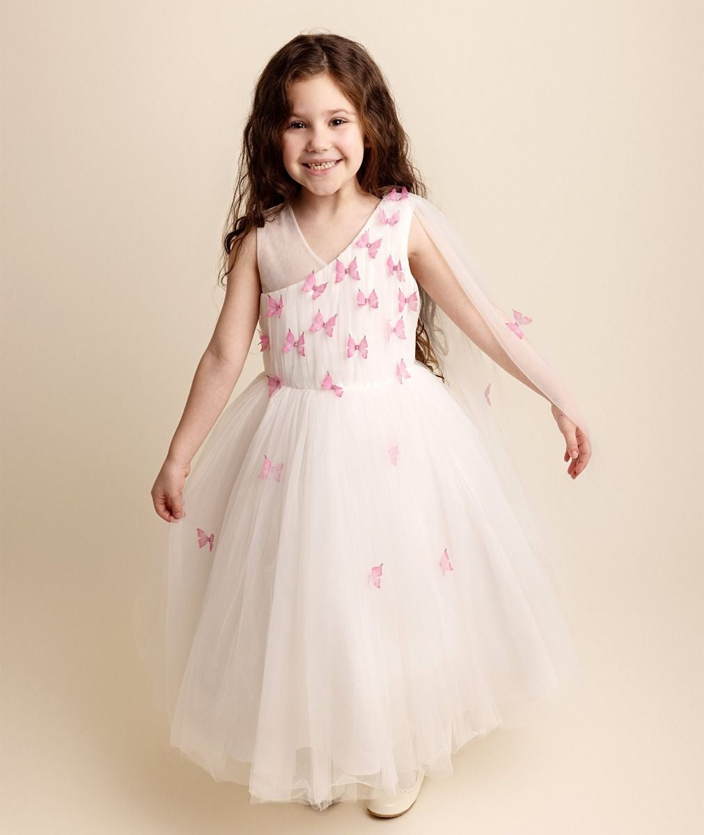 Girls Tulle Dress with Butterfly Appliques - PARIS - Pink