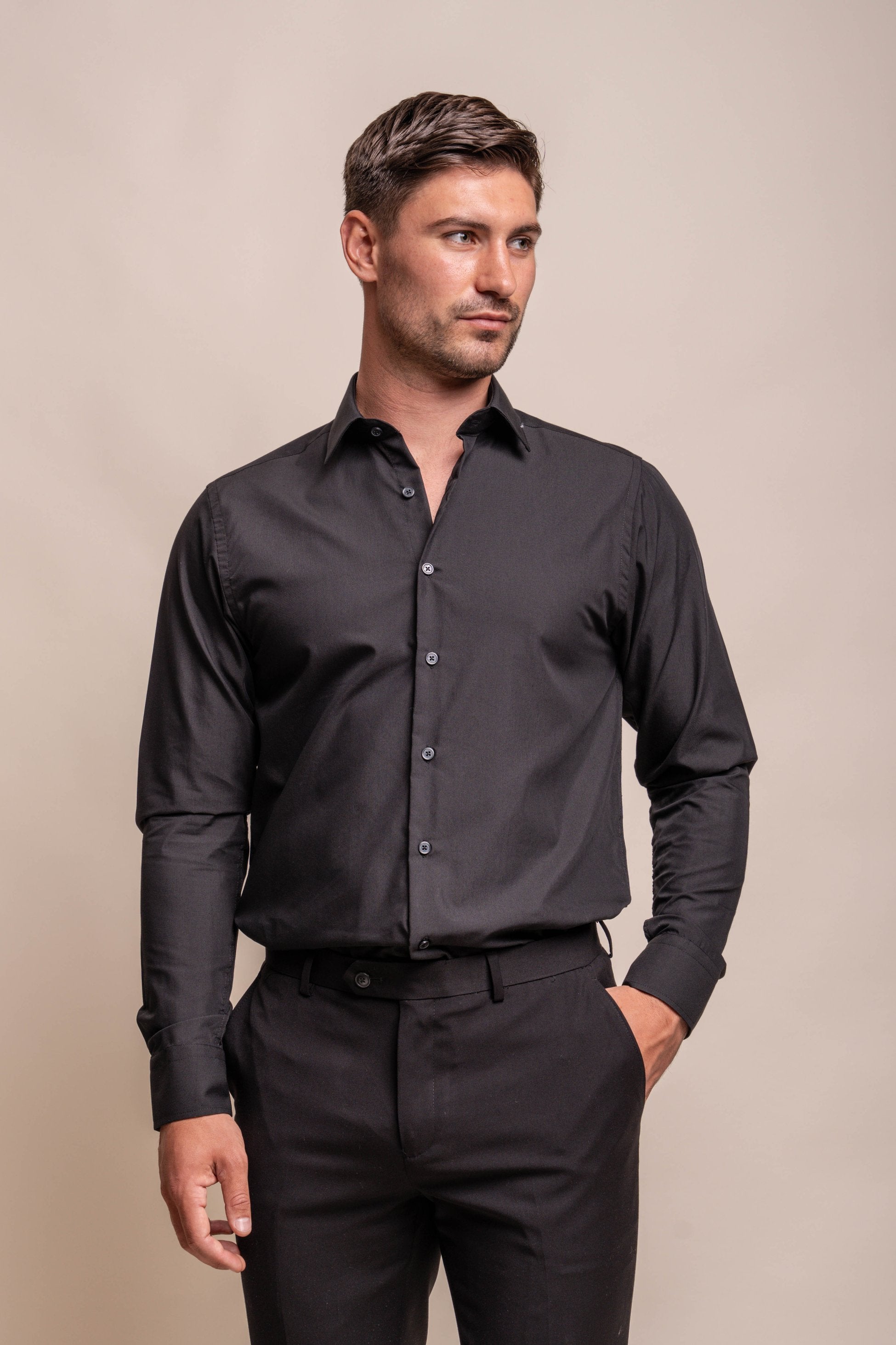 Men's Cotton Long Sleeve Tailored Fit Shirt - MIATTI - Black