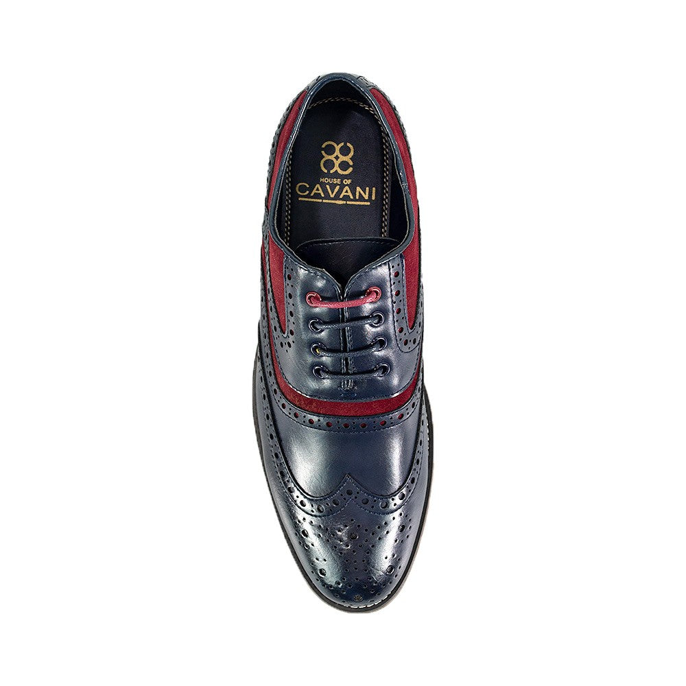 Men's Lace Up Suede & Leather Brogues Shoes -ETHAN - Navy Blue - Red