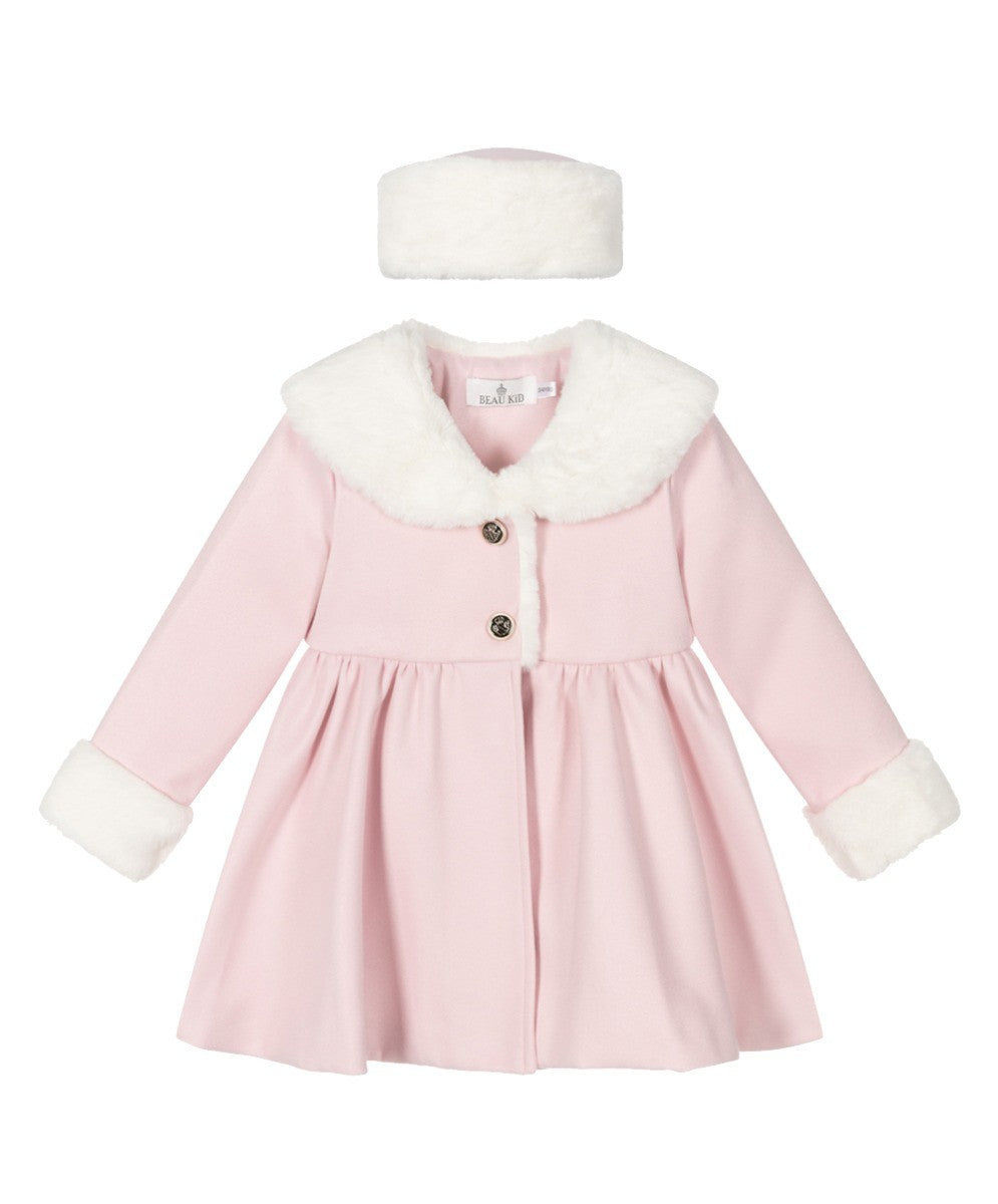 Girls Fur Midi Dress Coat 2 Piece Set - Pink