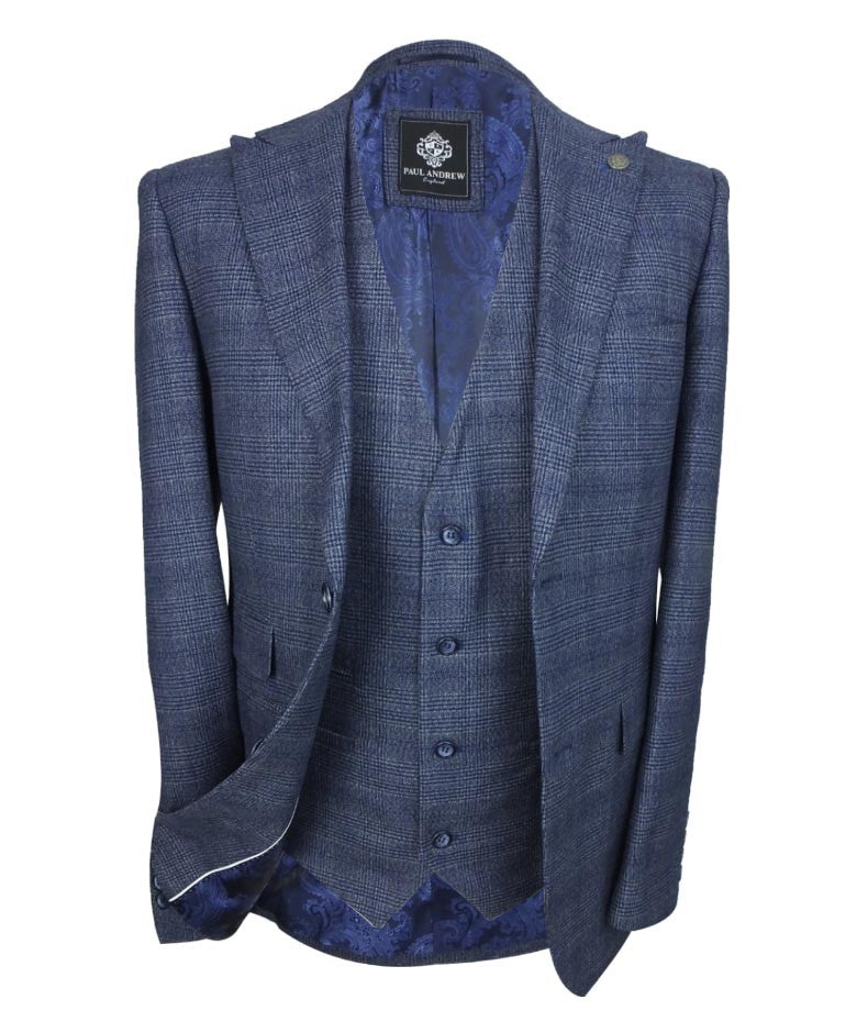 Men's Tweed Check Blue Suit - GRAHAM - Blue