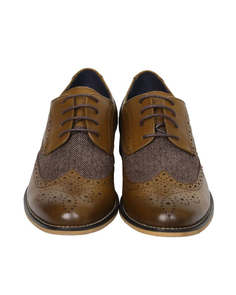 Men's Lace Up Tweed Leather Brogue Shoes - HORATIO - Tan Brown