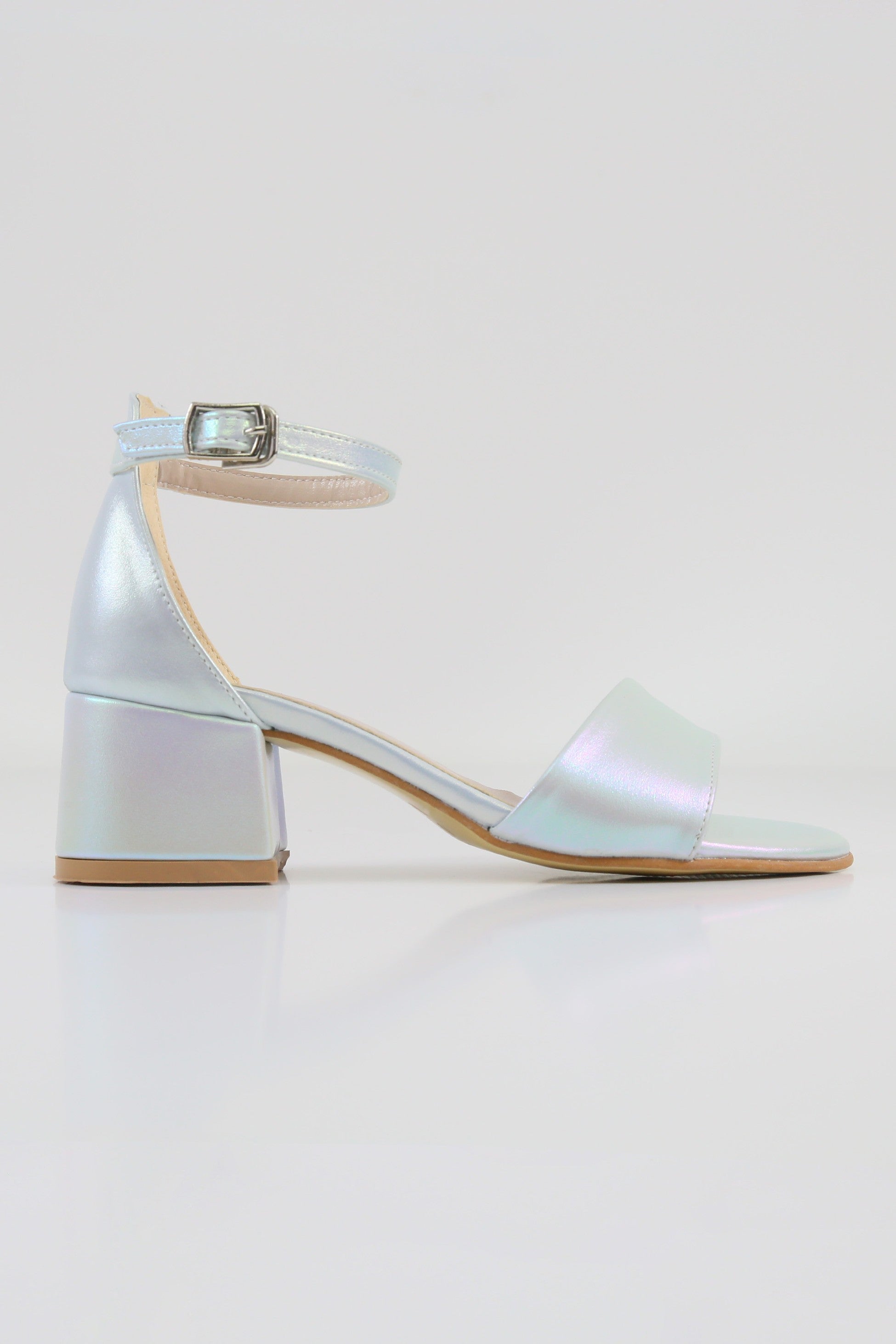 Girls Ankle-Strap Iridescent Block Heels Sandals - GRACE - Silver