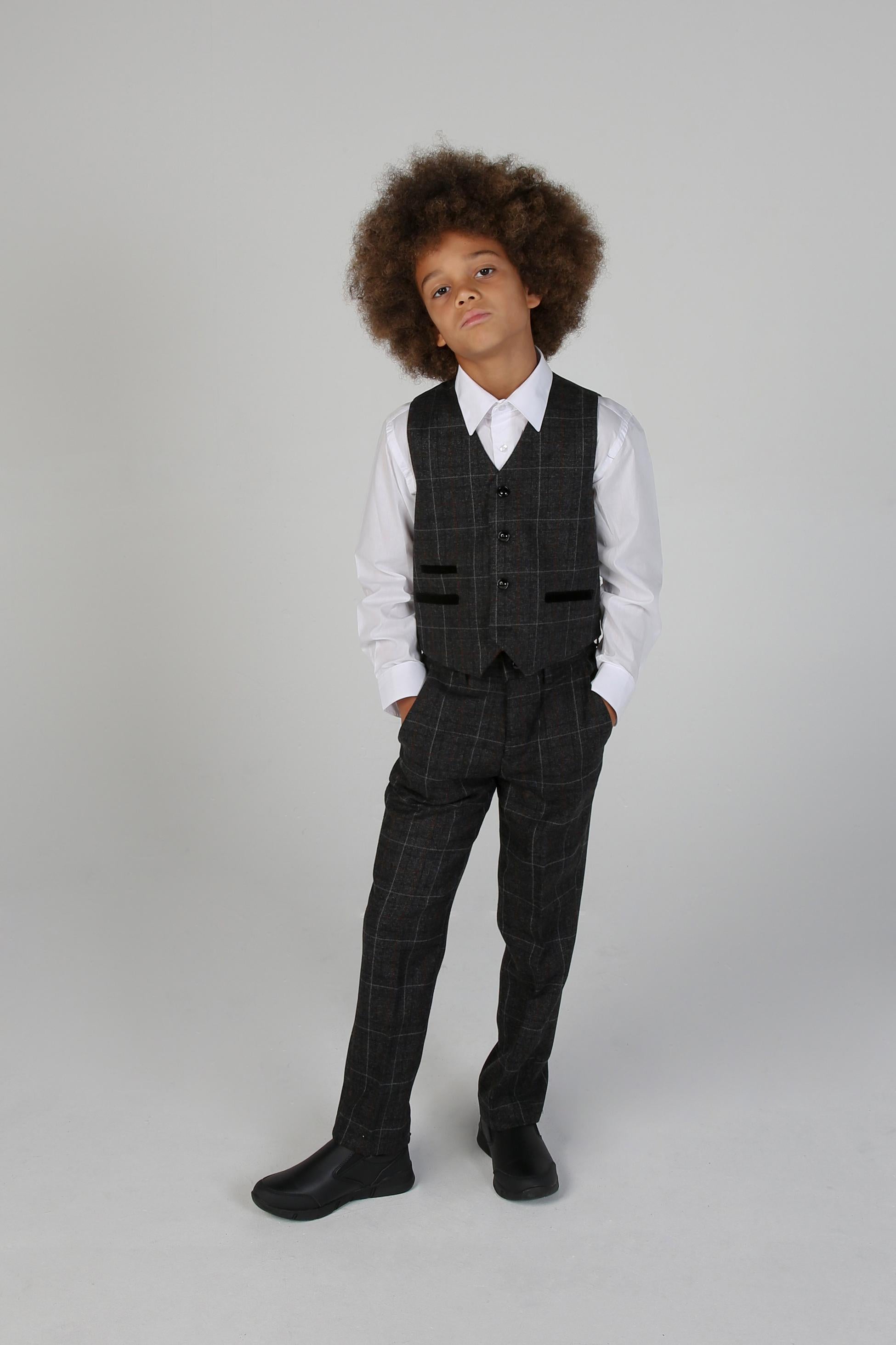 Boys Windowpane Tailored Fit Suit- HARVEY - Dark Charcoal Grey