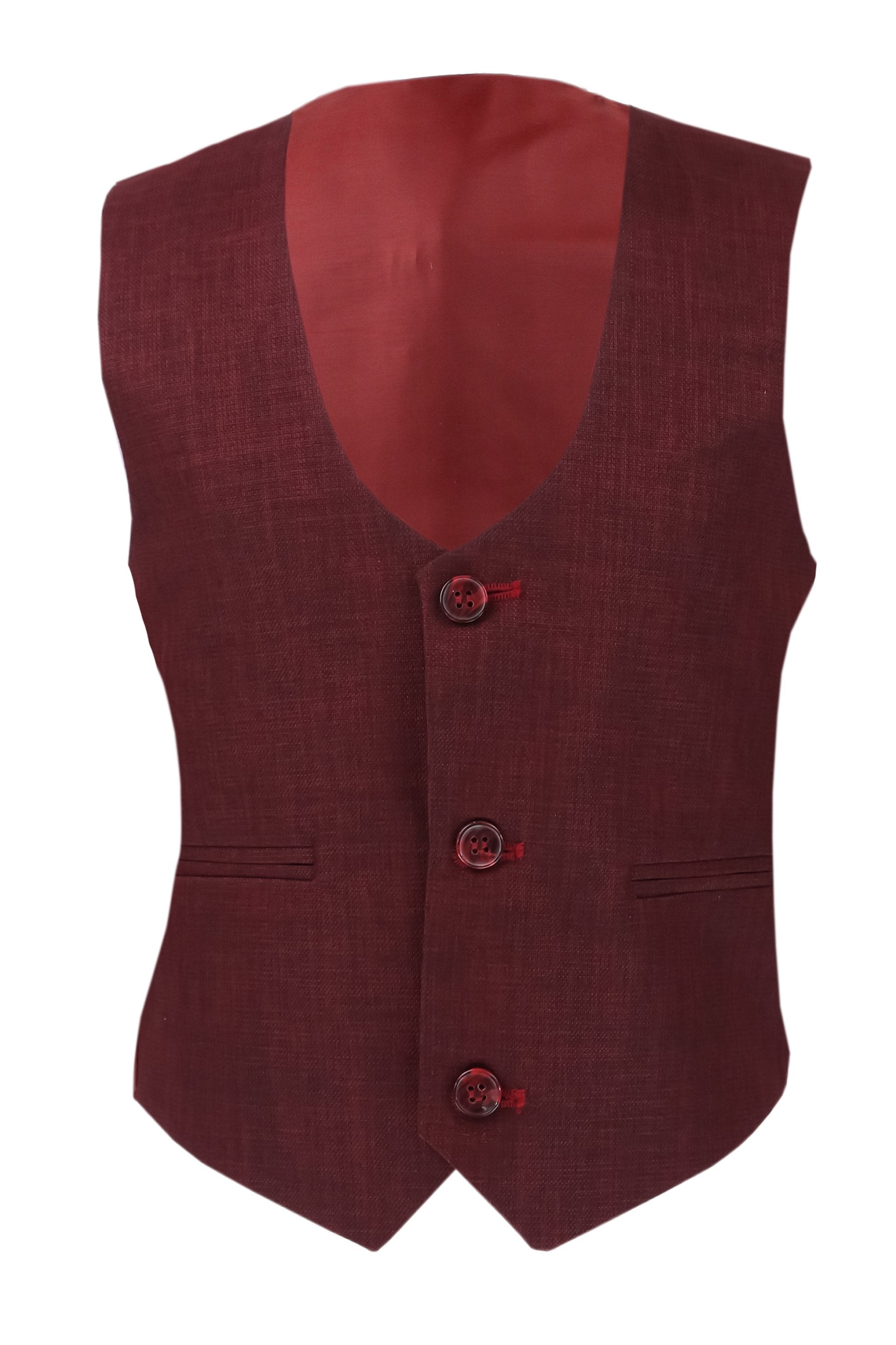 Boys Slim Fit Windowpane Check Burgundy Suit Set - Burgundy