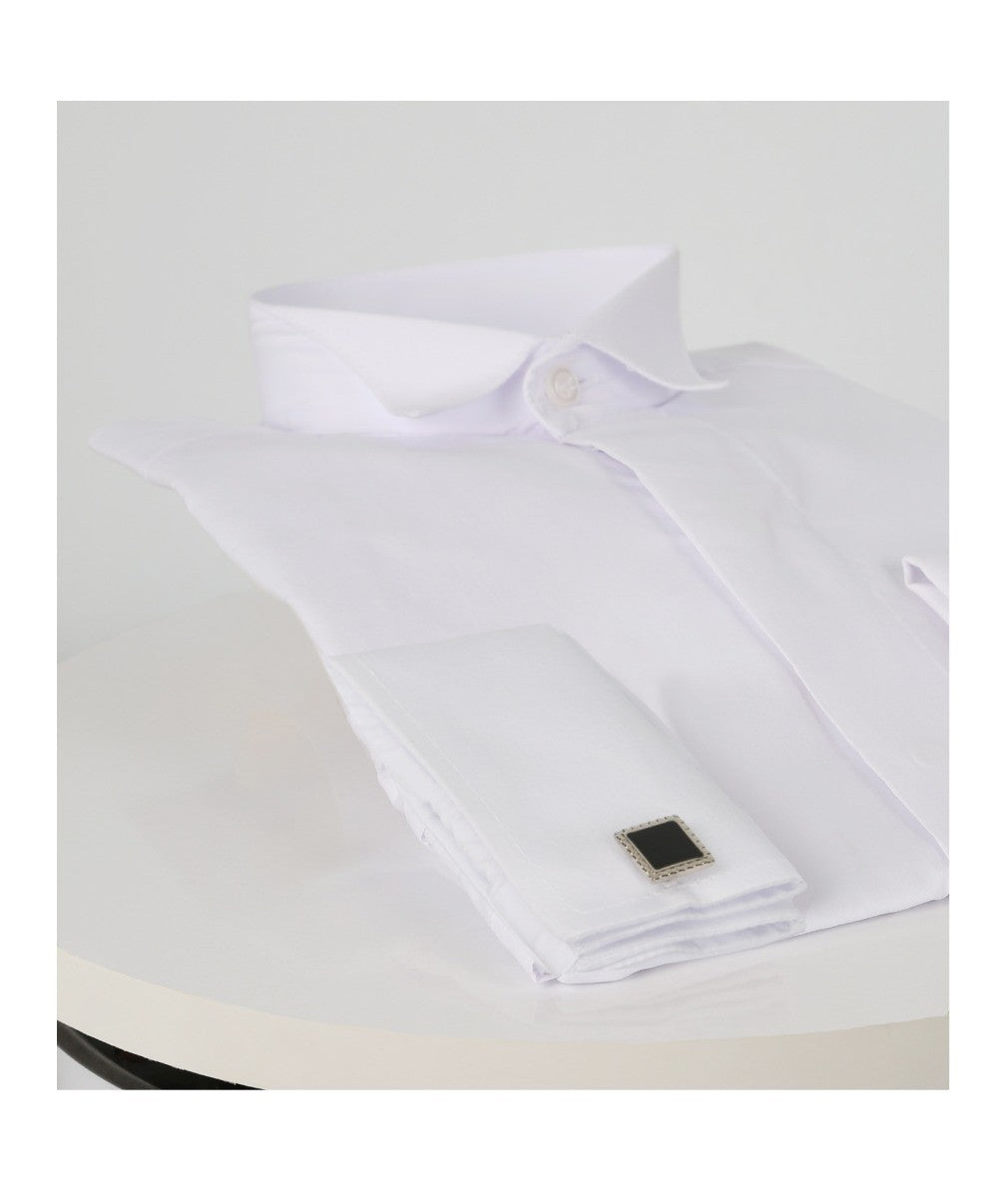 Boys Wing Collar White Cufflink Shirt - White