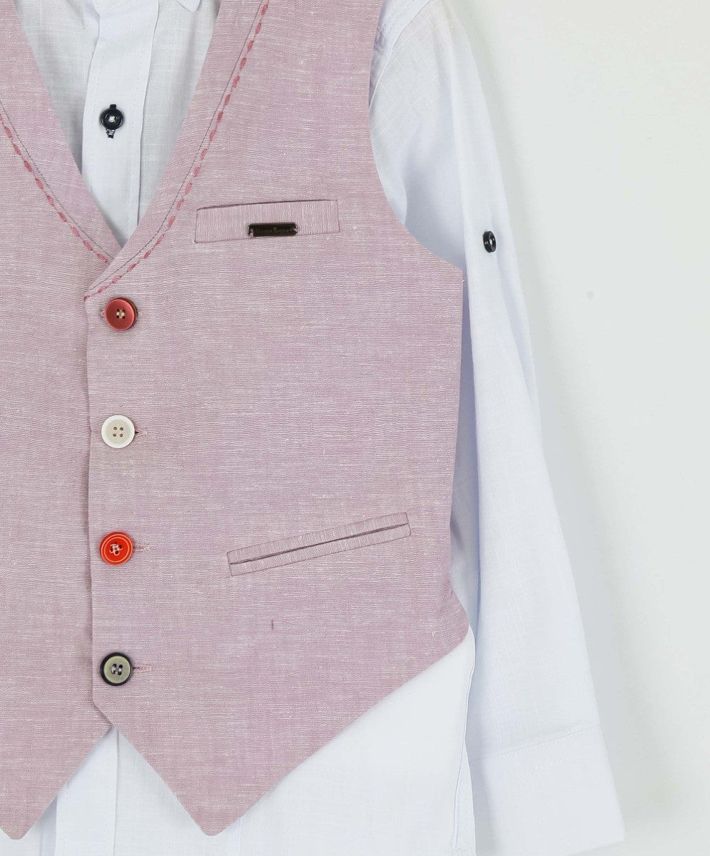 Boys Linen Single Breasted Waistcoat Suit Set - Lilac