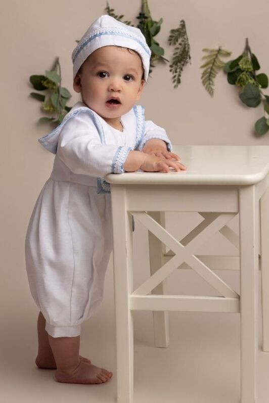 Baby Boys White Christening Romper with Hat - William - White