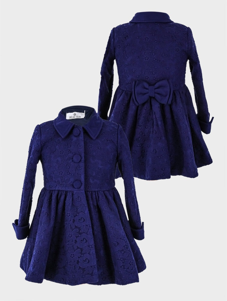 Girls Coat Floral Embroidered Lace 2 Piece Set - Navy Blue