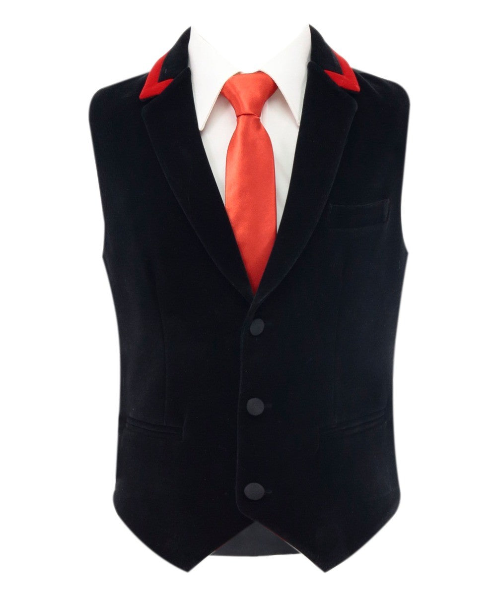 Boys Winged Collar Velvet Black Waistcoat - Black