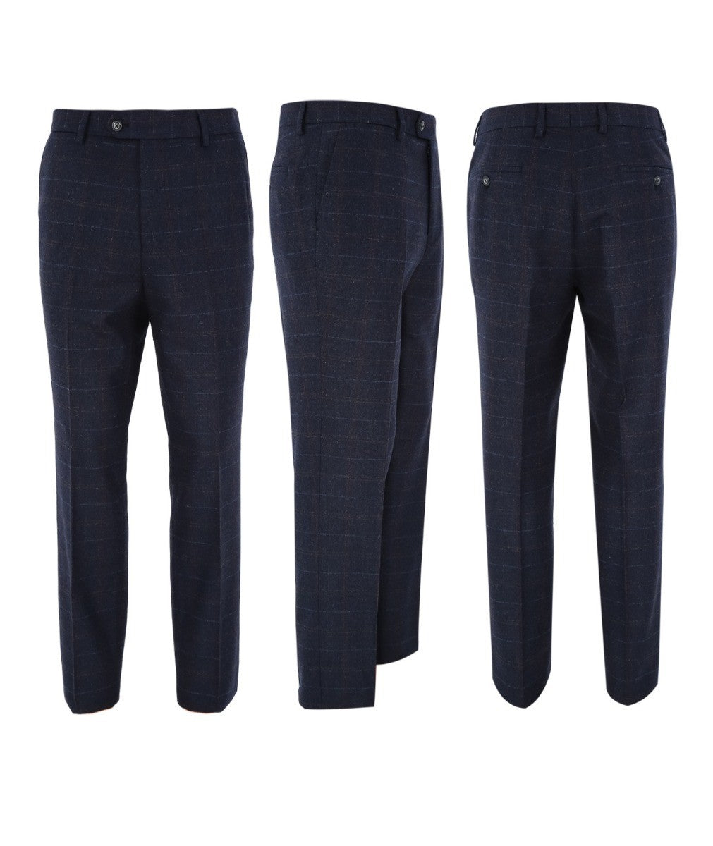 Men's Tweed Windowpane Tailored Fit Navy Trousers - RYAN - Navy Blue