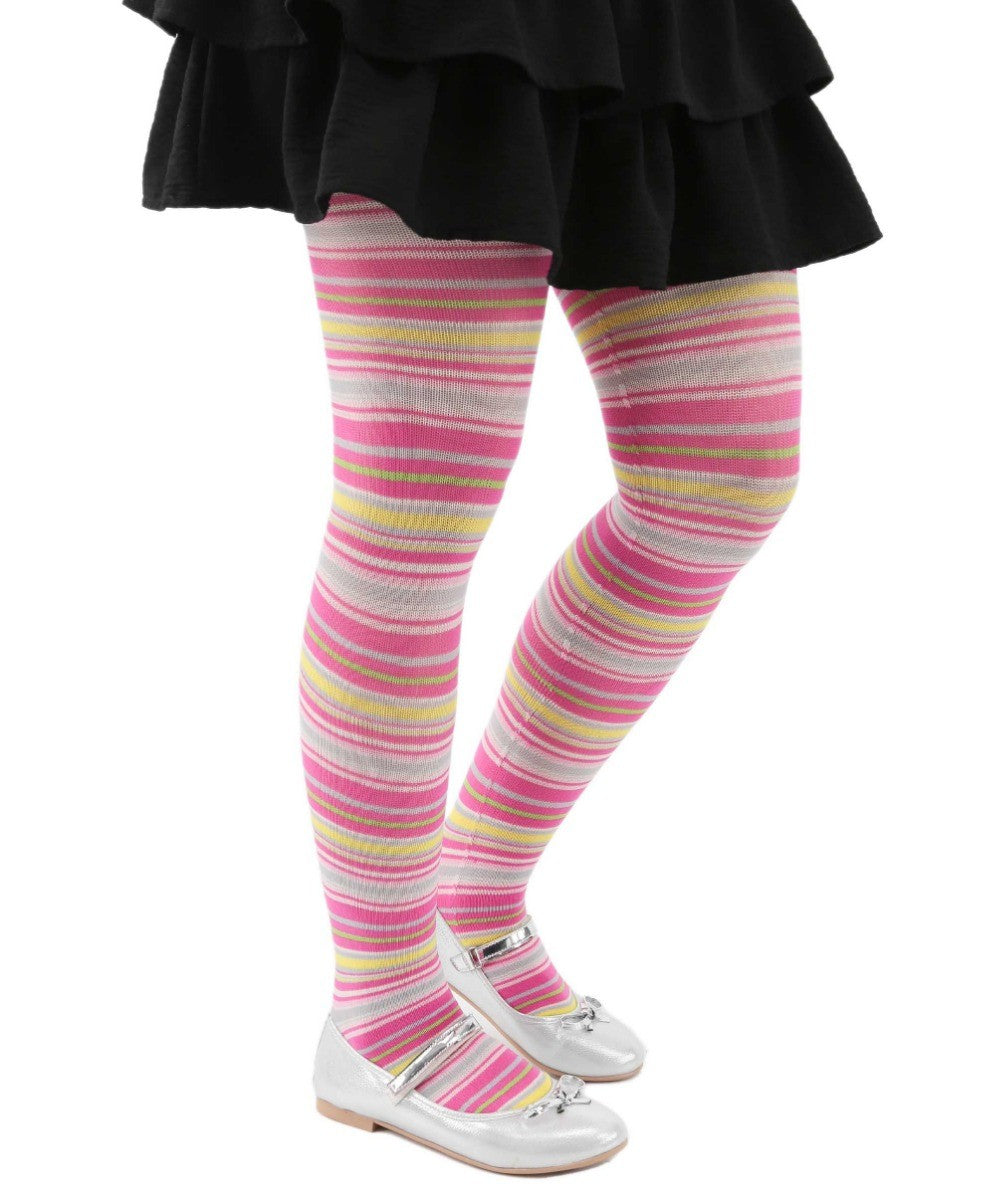 Girls Footed Striped Multicolour Tights - Multicolour - Pink base