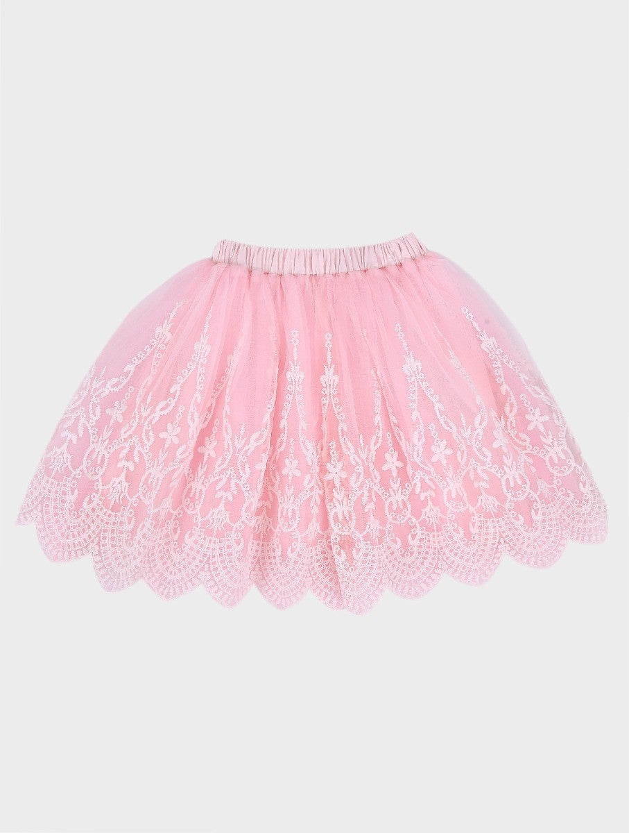 Girls Floral Print Tulle Skirt and T-Shirt Set - Pink